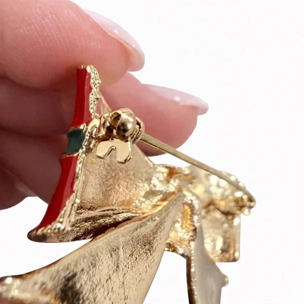 Christmas Plaid Bow Brooch Rhinestone Gold Tone Holiday Lapel Pin Red Green